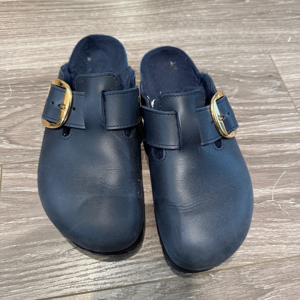 Birkenstock Navy Blue Mules with Gold Buckle